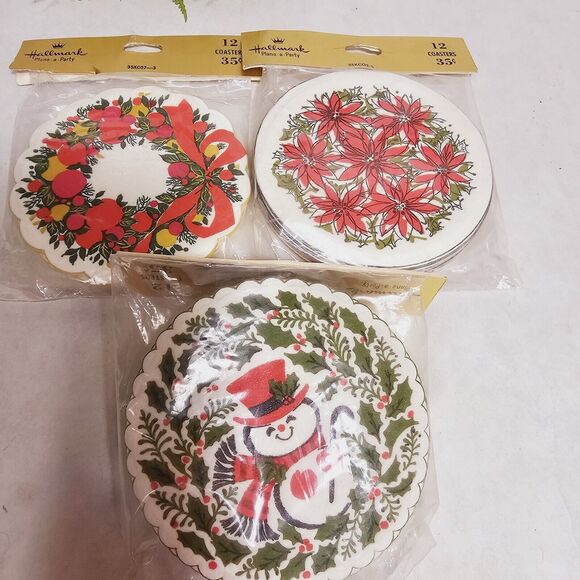 Vintage Hallmark Paper Coasters 3 Pkgs Christmas Snowman Wreath Poinsettias MIP - Picture 1 of 7
